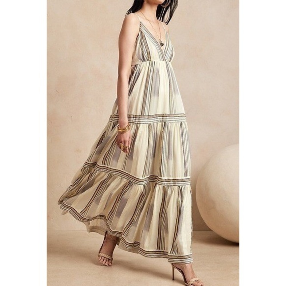 Banana Republic Zephyr Cream Blue Metallic Gold Tiered Maxi Sun Dress Medium